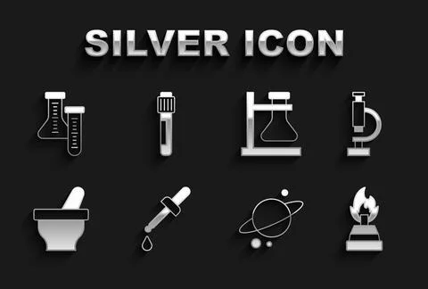 Set Pipette, Microscope, Alcohol or spirit burner, Planet Saturn, Mortar and Stock Illustration