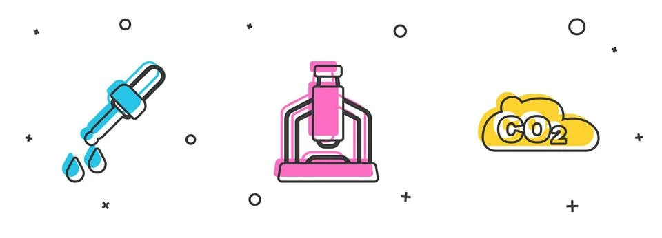 Set Pipette, Microscope and CO2 emissions in cloud icon. Vector Stock Illustration