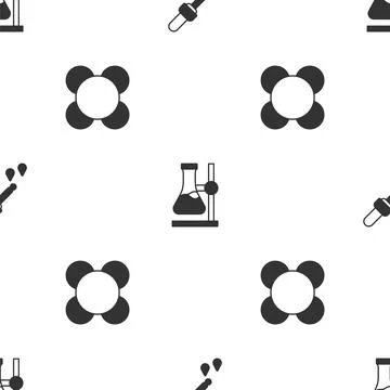 Set Pipette, Test tube flask on stand and Molecule on seamless pattern. Vector Illustrazione stock