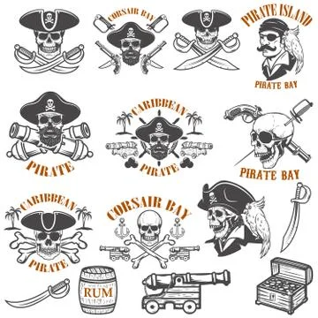 Set of pirate emblems isolated on white background. Design elements for logo, Stock Illustration