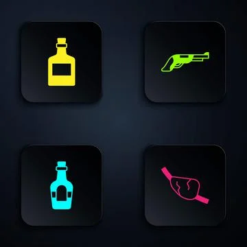 Set Pirate eye patch, Alcohol drink Rum,  and Vintage pistol. Black square bu Stock Illustration