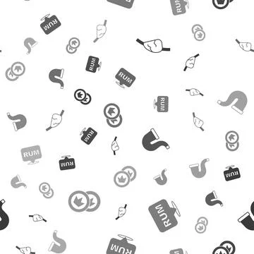 Set Pirate eye patch, Alcohol drink Rum, Smoking pipe and coin on seamless .. Stock Illustration