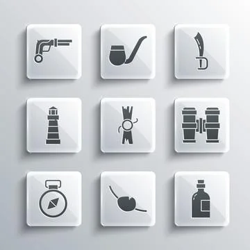 Set Pirate eye patch, Alcohol drink Rum, Binoculars, Decree, parchment, scr.. Иллюстрация