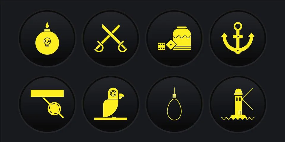 Set Pirate eye patch, Anchor, parrot, Gallows rope loop hanging, game dice Illustrazione stock