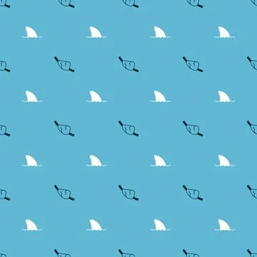 Set Pirate eye patch and Shark fin in ocean wave on seamless pattern. Vector Stock Illustration