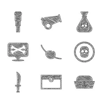 Set Pirate eye patch, Antique treasure chest, Sailor hat, coin, sword, Locati Ilustración de archivo