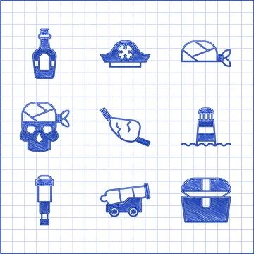 Set Pirate eye patch, Cannon, Antique treasure chest, Lighthouse, Spyglass Ilustración de archivo