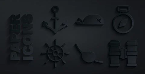 Set Pirate eye patch, Compass, Ship steering wheel, Binoculars, bandana for head Stock Illustration