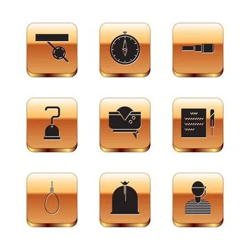 Set Pirate eye patch, Gallows rope loop hanging, sack, hat, hook, Spyglass Stock Illustration