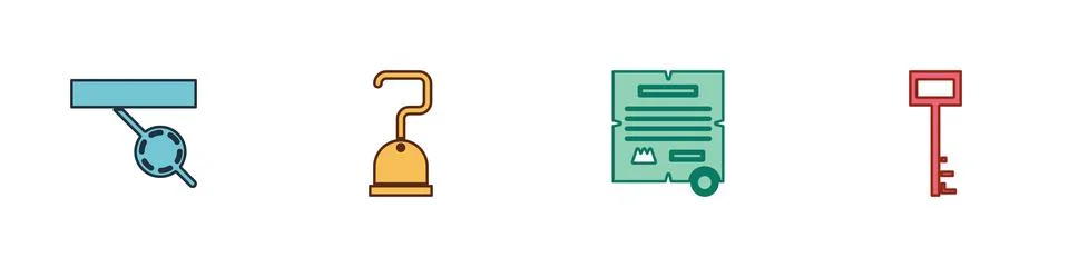 Set Pirate eye patch, hook, Decree, parchment, scroll and key icon. Vector Stock Illustration