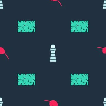 Set Pirate eye patch, Lighthouse and treasure map on seamless pattern. Vector Stock Illustration