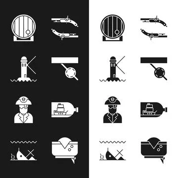 Set Pirate eye patch, Lighthouse, Wooden barrel, Vintage pistols, captain Stock Illustration