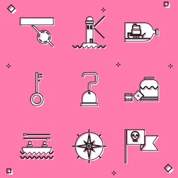 Set Pirate eye patch, Lighthouse, Bottle with ship inside, key, hook, game dice Illustrazione stock