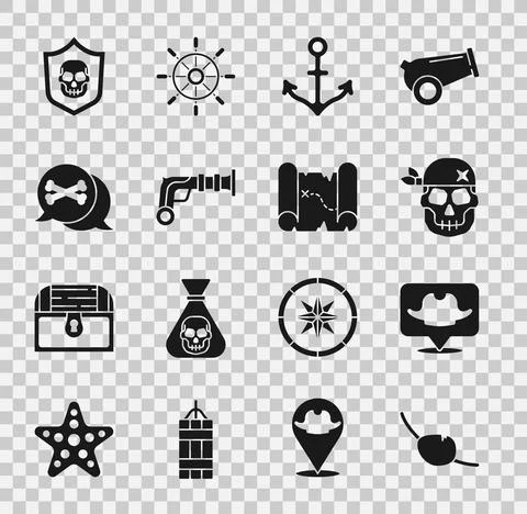 Set Pirate eye patch, Location pirate, Skull, Anchor, Vintage pistols, Shield Stock Illustration