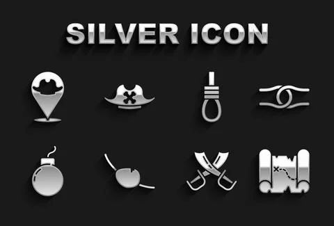 Set Pirate eye patch, Rope tied in knot, treasure map, Crossed pirate swords Illustrazione stock