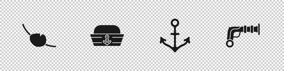 Set Pirate eye patch, Sailor hat, Anchor and Vintage pistols icon. Vector Illustrazione stock