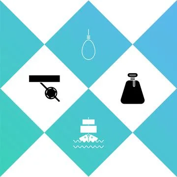 Set Pirate eye patch, Ship, Gallows rope loop hanging and sack icon. Vector Illustrazione stock