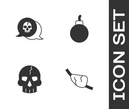 Set Pirate eye patch, Skull,  and Bomb ready to explode icon. Vector Illustrazione stock