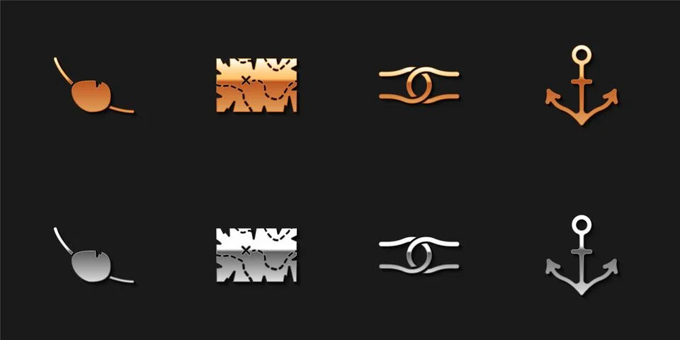 Set Pirate eye patch, treasure map, Rope tied in knot and Anchor icon. Vector Illustrazione stock