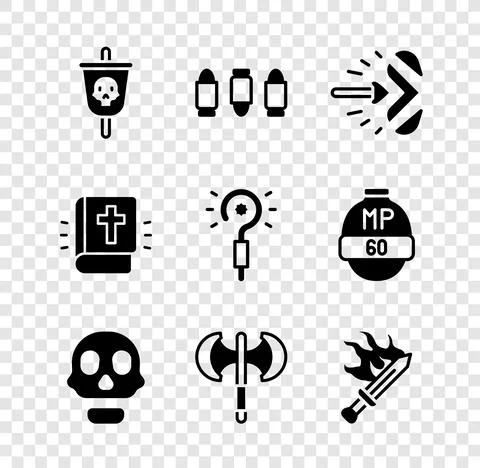 Set Pirate flag, Bullet, Magic arrow, Skull, Medieval poleaxe, Sword for game Stock Illustration