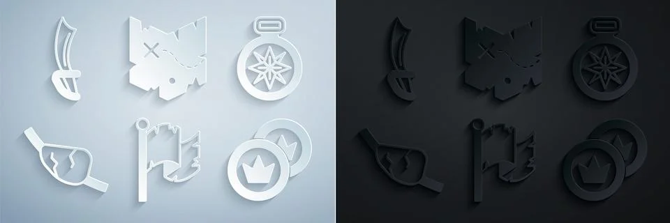 Set Pirate flag, Compass, eye patch, coin, treasure map and sword icon. Vector Stock Illustration