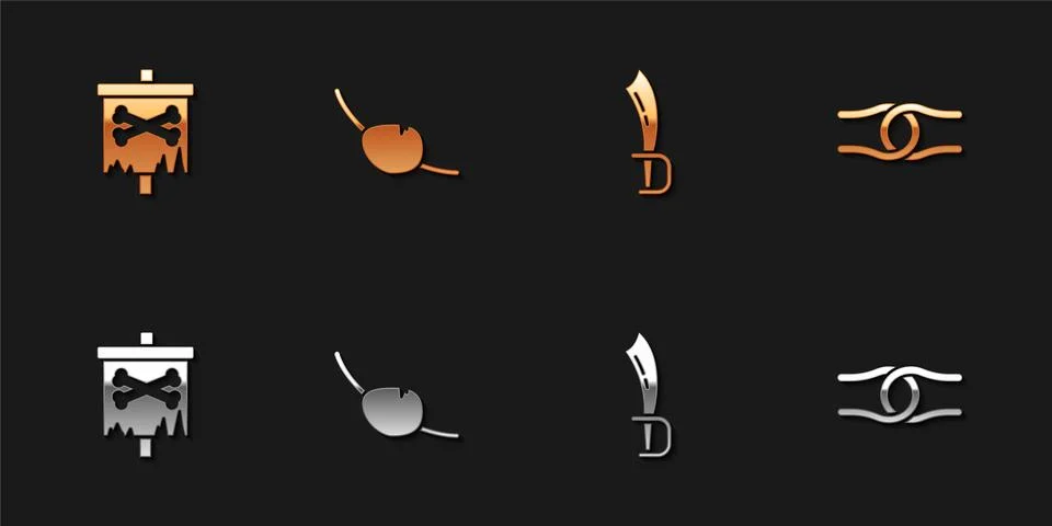 Set Pirate flag, eye patch, sword and Rope tied in knot icon. Vector Stock Illustration