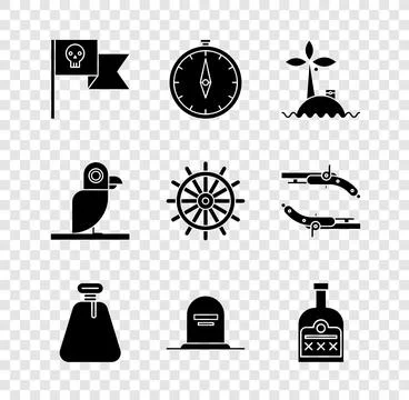 Set Pirate flag with skull, Compass, Tropical island in ocean, sack, Tombston Illustrazione stock