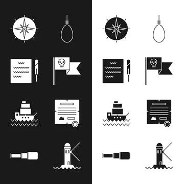Set Pirate flag with skull, Feather pen and scroll, Wind rose, Gallows rope loop Stock Illustration