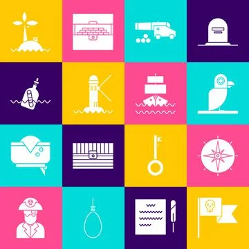 Set Pirate flag with skull, Wind rose, parrot, Cannon cannonballs, Lighthouse Stock Illustration
