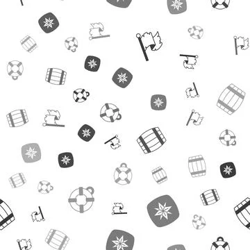 Set Pirate flag, Wind rose, Wooden barrel and Lifebuoy on seamless pattern Stock Illustration
