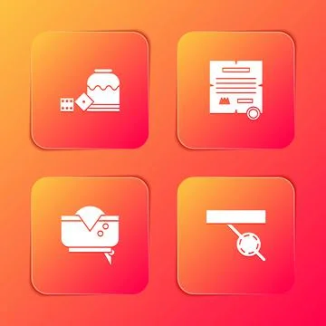 Set Pirate game dice, Decree, parchment, scroll, hat and eye patch icon. Vector Illustrazione stock