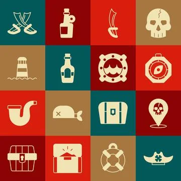 Set Pirate hat, Location pirate, Compass, sword, Alcohol drink Rum, Lightho.. Stock Illustration