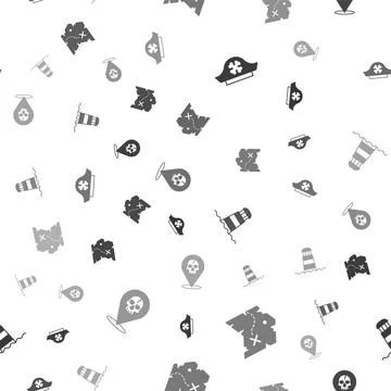 Set Pirate hat, treasure map, Lighthouse and Location pirate on seamless pattern Illustrazione stock