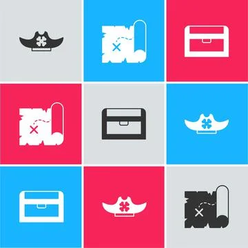Set Pirate hat, treasure map and Antique chest icon. Vector Stock Illustration