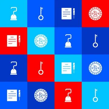 Set Pirate hook, key, Feather pen and scroll and coin icon. Vector Stock Illustration