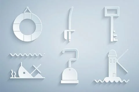 Set Pirate hook, key, Sunken ship, Lighthouse, sword and Lifebuoy icon. Vecto Stock Illustration