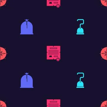 Set Pirate hook, sack, Decree, parchment, scroll and Wind rose on seamless pa Stock Illustration