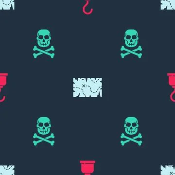 Set Pirate hook, treasure map and Skull on crossbones on seamless pattern Stock Illustration