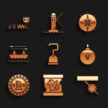 Set Pirate hook, treasure map, eye patch, Bomb ready to explode, coin, Boat with 스톡 일러스트