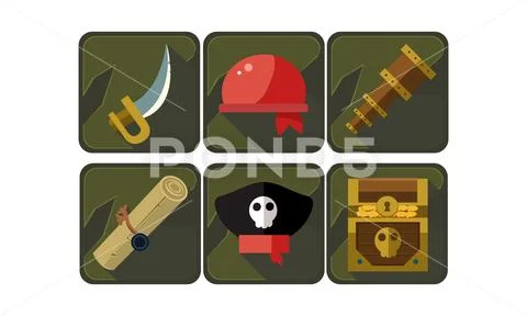 Set of pirate icons. Sword, red bandana, spyglass, scroll, captain s hat and Stock Illustration