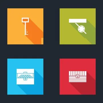 Set Pirate key, eye patch, Antique treasure chest and icon. Vector 스톡 일러스트