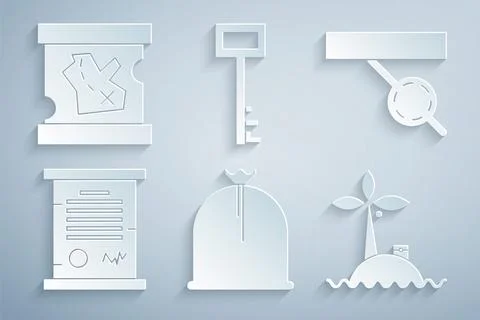 Set Pirate sack, eye patch, Decree, parchment, scroll, Tropical island in ocean Stock Illustration