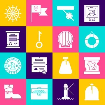 Set Pirate sack, treasure map, Lifebuoy, eye patch, key, Decree, parchment Stock Illustration