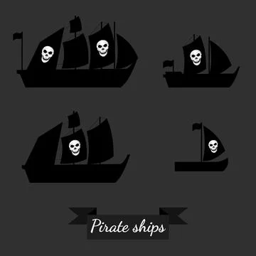 Set of pirate ships. Vector illustrations. Isolated. Flat. Stock Illustration