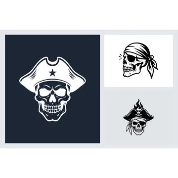 Set of pirate skull illustrations with hats and eye patches Stock Illustration