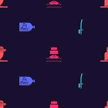 Set Pirate sword, Bottle with ship inside, Ship and parrot on seamless pattern Illustrazione stock
