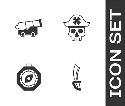 Set Pirate sword, Cannon, Compass and captain icon. Vector Illustrazione stock