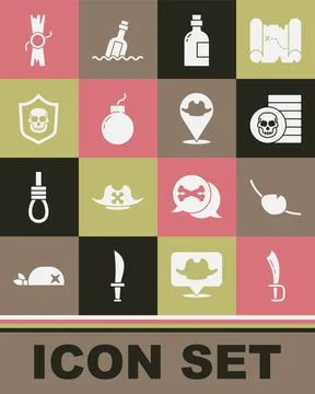 Set Pirate sword, eye patch, coin, Alcohol drink Rum, Bomb ready to explode 스톡 일러스트