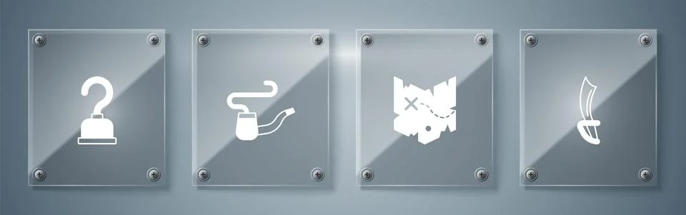 Set Pirate sword, treasure map, Smoking pipe and hook. Square glass panels Stock Illustration