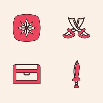 Set Pirate sword, Wind rose, Crossed pirate swords and Antique treasure che.. Stock Illustration